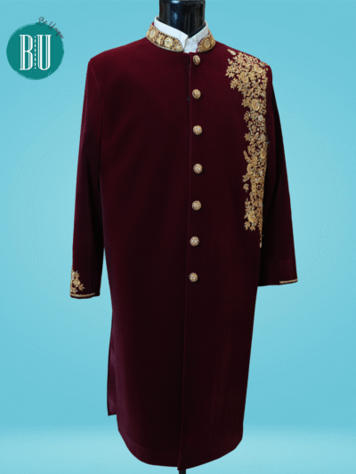 Regal Maroon Velvet Sherwani with Antique Gold Hand Embroidery