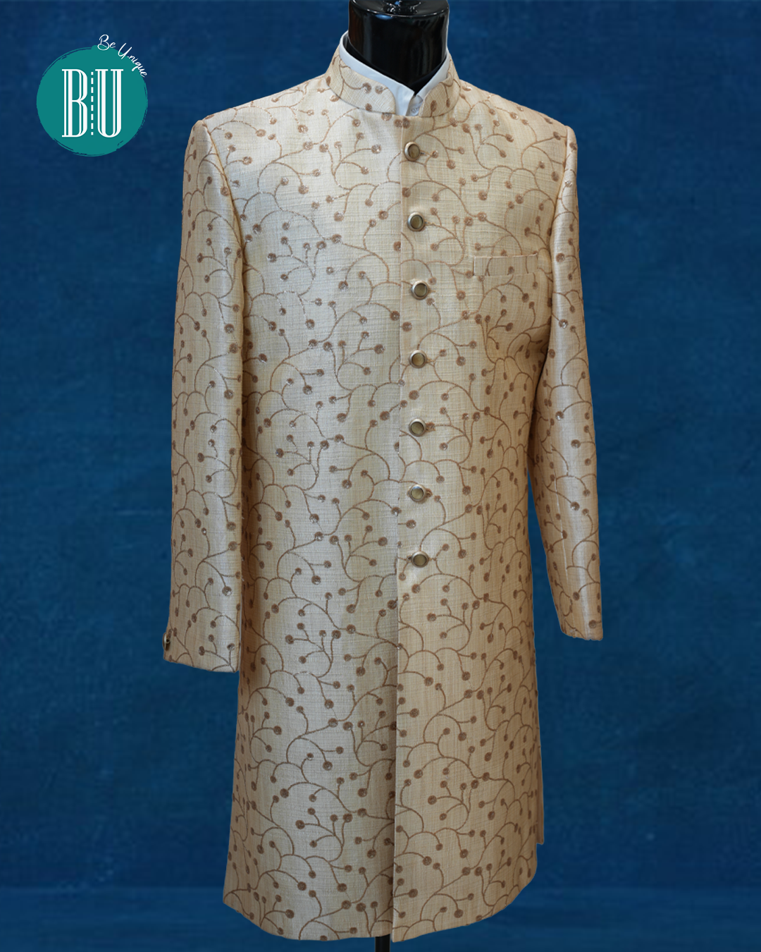 Classic Ivory Beige Textured Sherwani with Subtle Thread Embroidery
