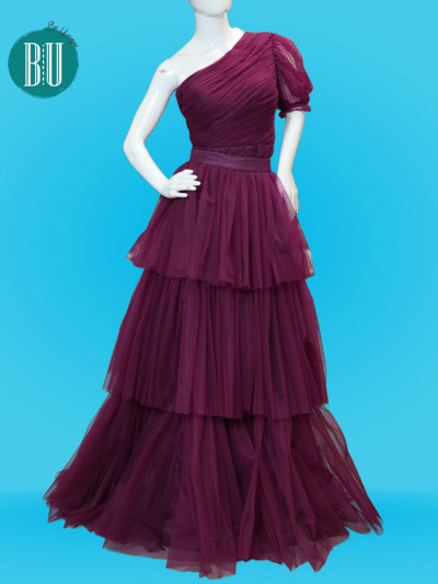 Elegant Plum One-Shoulder Layered Net Gown