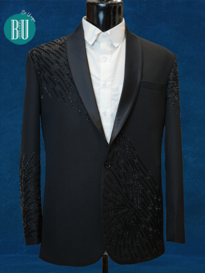 Elegant Black Sequin Embellished Blazer with Satin Lapel