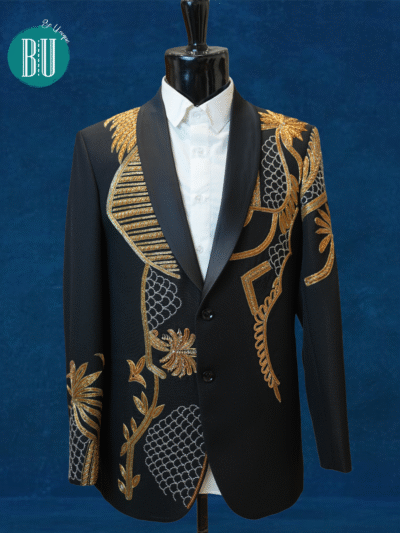 Black Designer Embroidered Blazer with Gold Threadwork