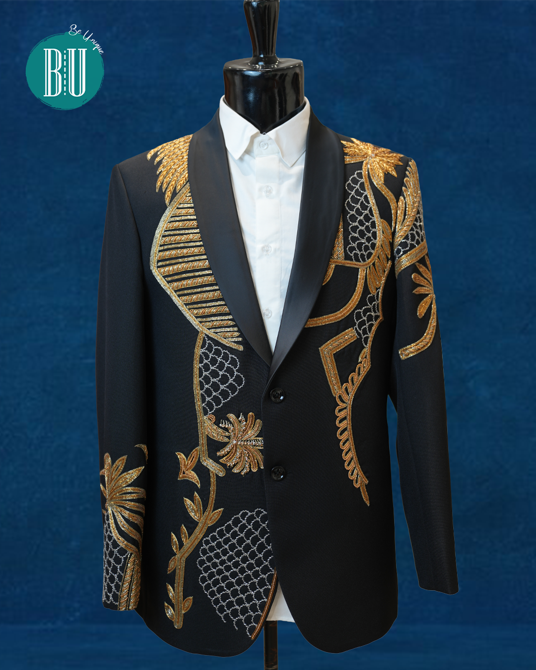Black Designer Embroidered Blazer with Gold Threadwork