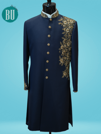 Royal Navy Blue Embroidered Sherwani with Gold Floral Detailing