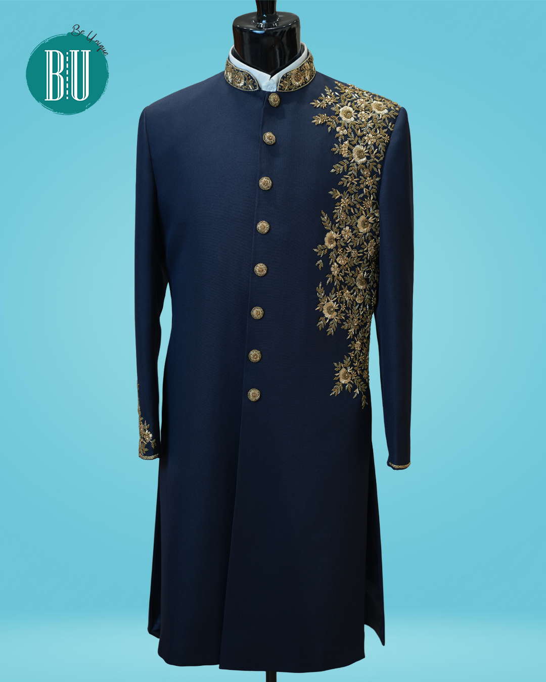 Royal Navy Blue Embroidered Sherwani with Gold Floral Detailing