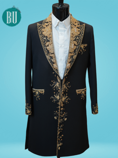 Black Royal Sherwani with Handcrafted Gold Zardozi Embroidery & Regal Lapel Design