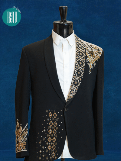 Luxury Black Embroidered Blazer with Gold and Pearl Detailing