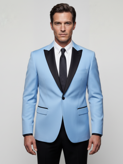 Light Blue Slim-Fit Tuxedo Blazer with Black Shawl Lapel