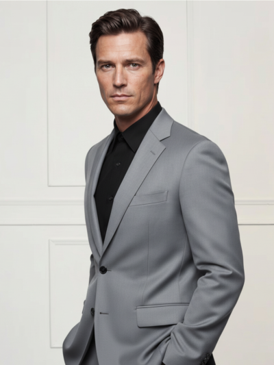 Men’s Light Grey Solid Slim Fit Formal Suit Set